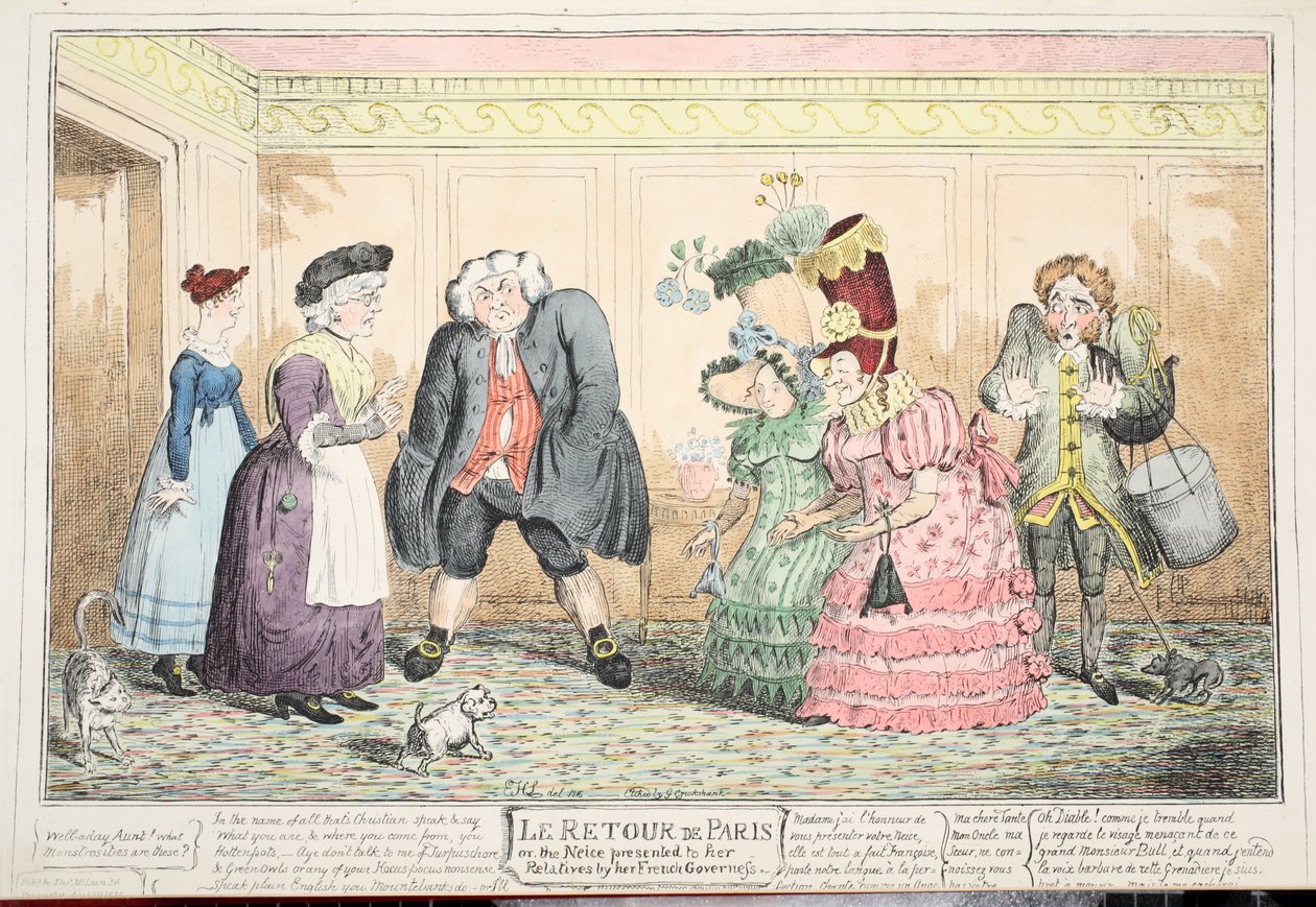 Le Retour de Paris, oder, die Nichte, die ihren Verwandten von ihrer französischen Gouvernante vorgestellt wird, 1816 von George Cruikshank