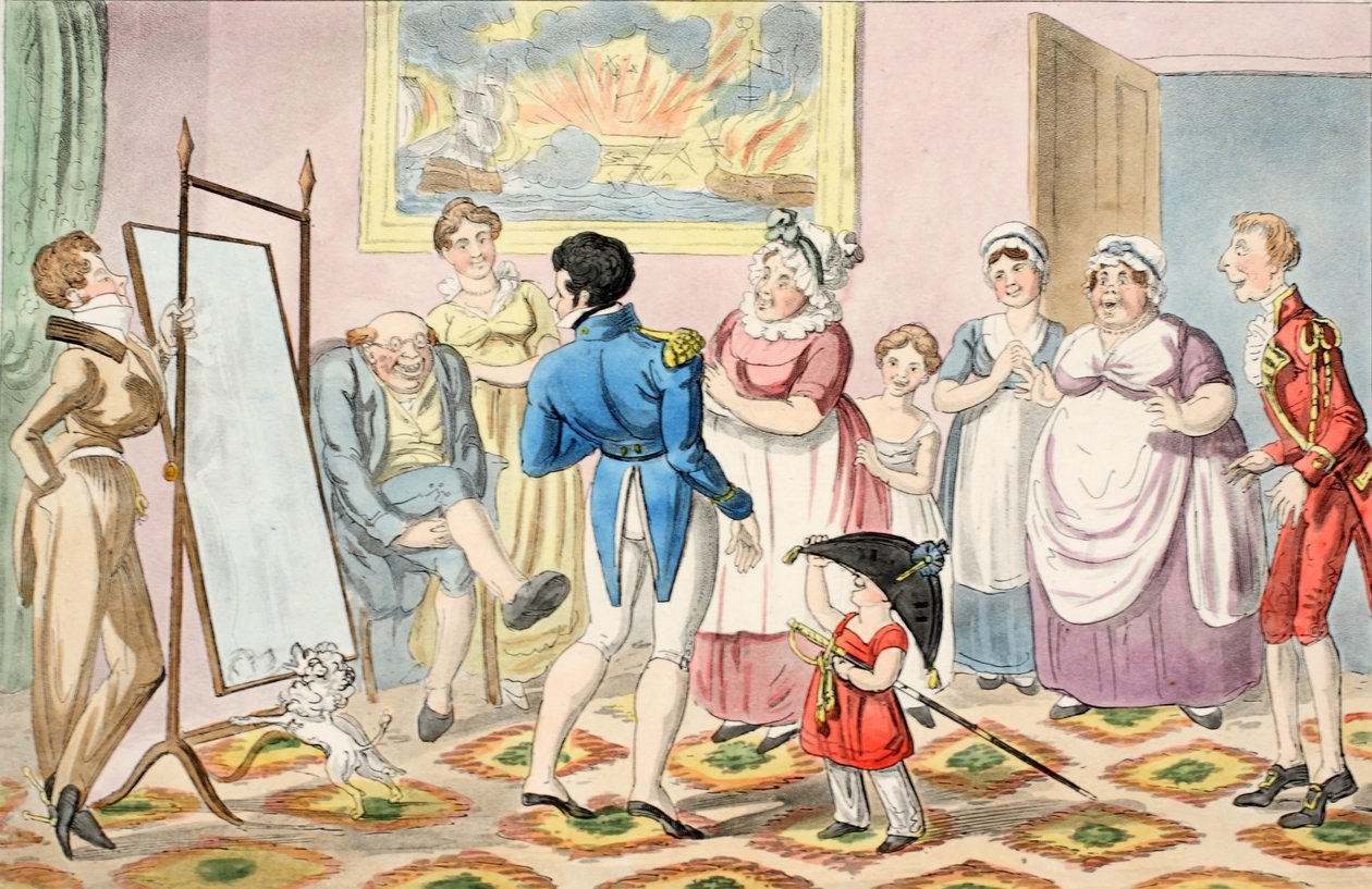Mr. B wird zum Leutnant befördert und zieht zum ersten Mal seine Uniform an, aus Der Fortschritt eines Seekadetten, veröffentlicht 1835 von George Cruikshank