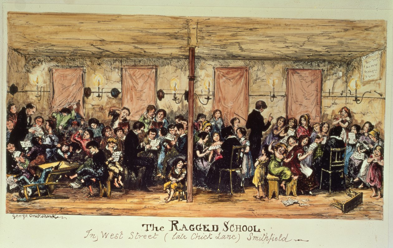 Die zerlumpte Schule, West Street (ehemals Chick Lane), Smithfield (Druck) von George Cruikshank