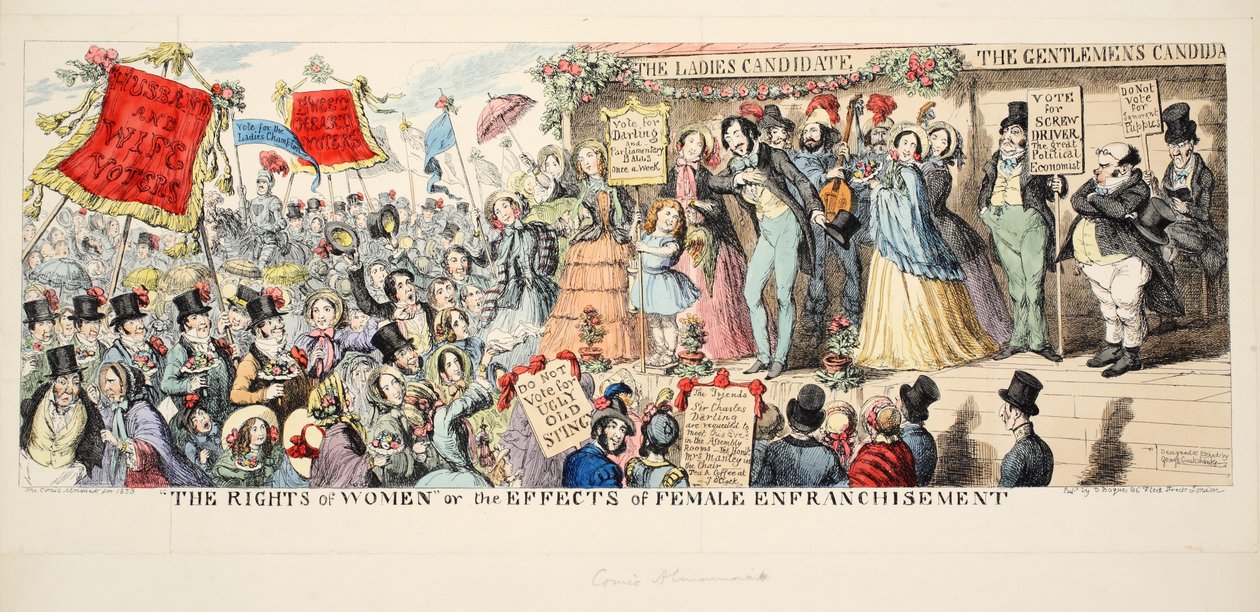 Die Rechte der Frauen oder die Auswirkungen der weiblichen Wahlrechts, veröffentlicht 1853 von George Cruikshank