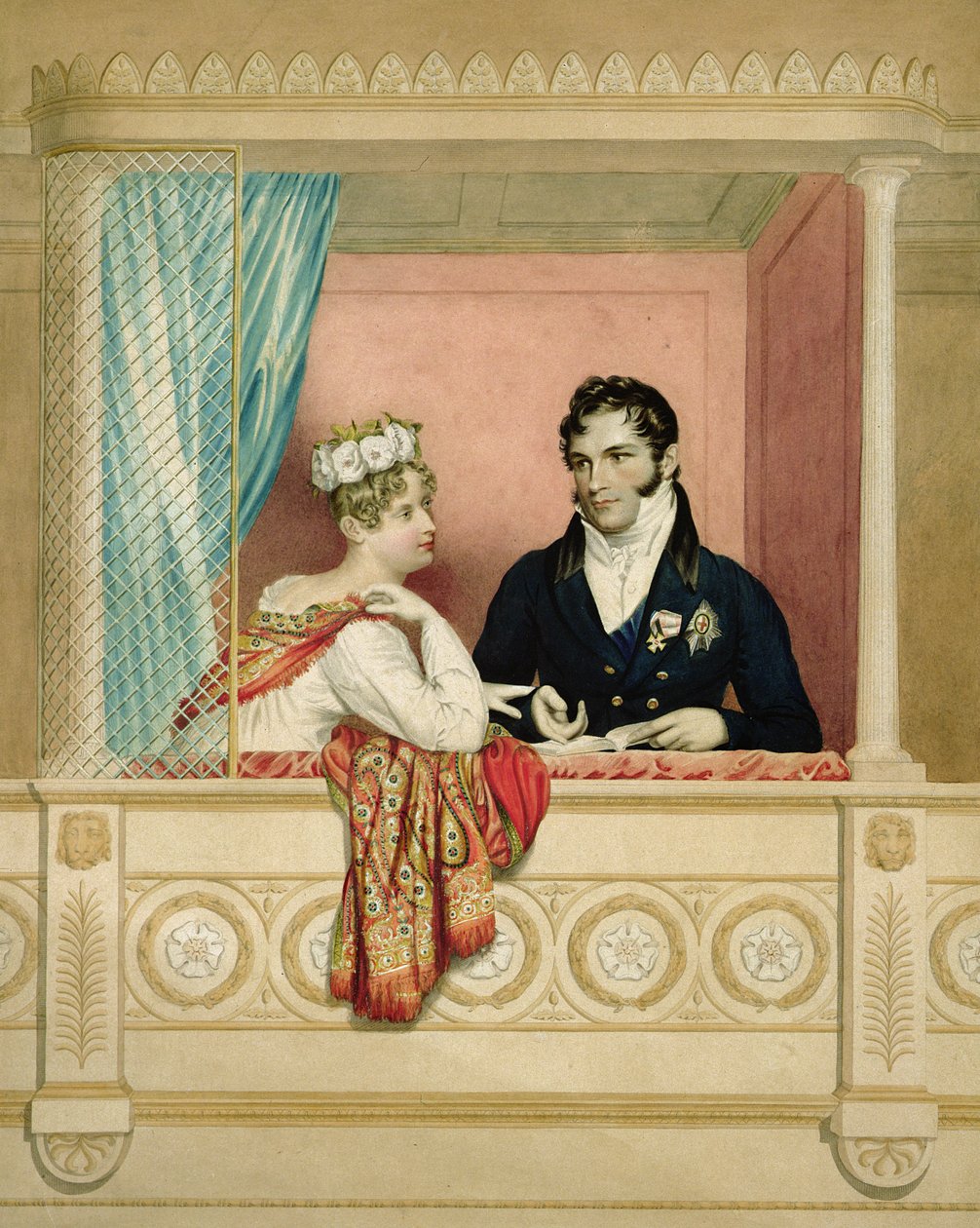 Prinzessin Charlotte Augusta von Wales und Prinz Leopold von Sachsen-Coburg-Gotha in ihrer Loge im Covent Garden von George Dawe