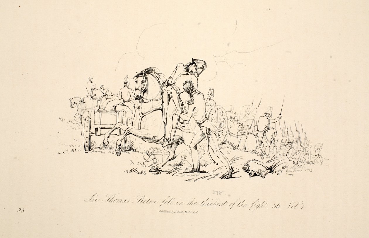 Sir Thomas Picton fiel im Dickicht des Kampfes, veröffentlicht von J. Booth, 1816 von George Jones