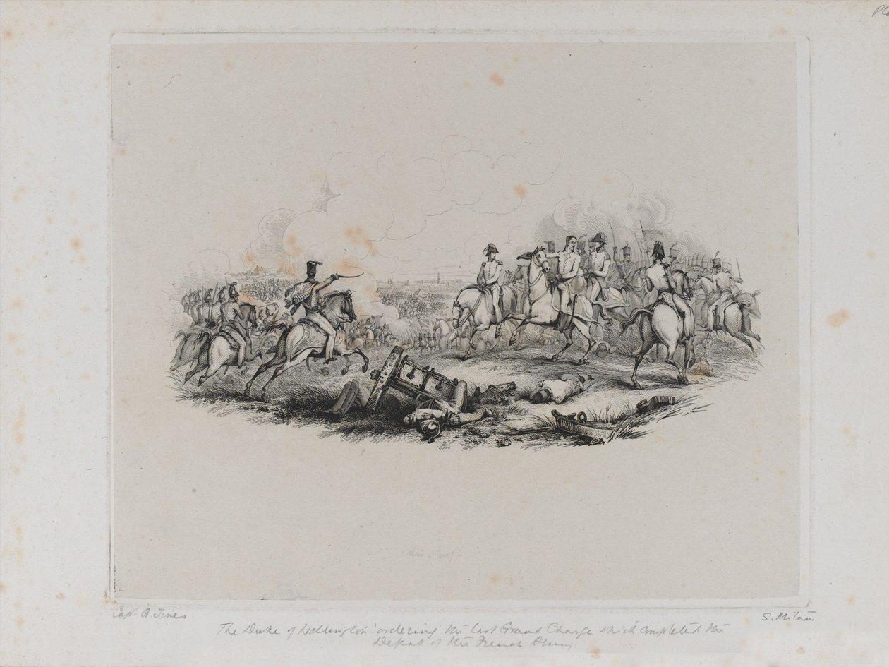 Die denkwürdige Schlacht von Waterloo - Der Herzog von Wellington befiehlt den letzten großen Angriff, der die Niederlage der französischen Armee vollendete, Gravur von Samuel Mitan, 1817 von George Jones