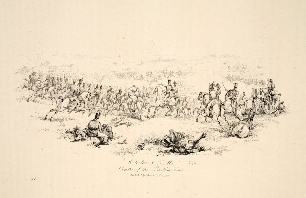 Waterloo 20 Uhr, Zentrum der britischen Linie, veröffentlicht von J. Booth, 1816 von George Jones
