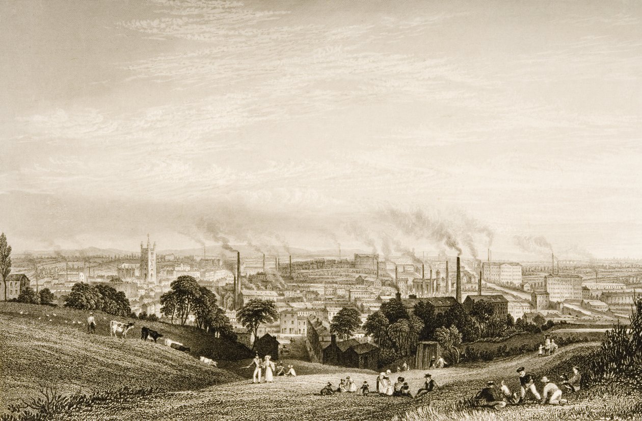 Gesamtansicht von Stockport, Lancashire mit Baumwollspinnereien, veröffentlicht von J.C. Varrall (fl.1815-27) 1830er Jahre von George Pickering