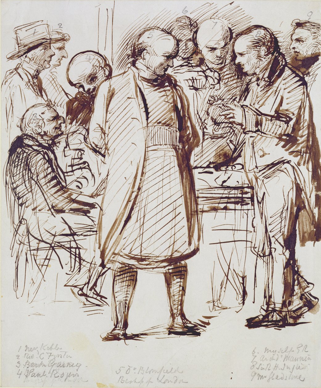 Eine Gruppe von Kirchenmännern und Politikern, darunter John Keble (1792-1866) und William Gladstone (1809-98), im Gespräch mit dem Bischof von London im Fulham Palace von George Richmond