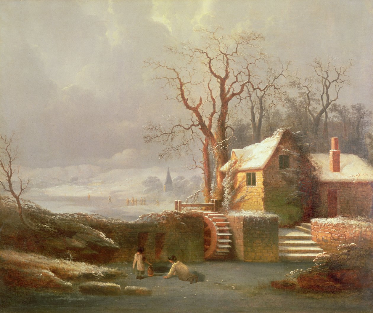 Schneeszene mit Mühle und Hütten von George Smith