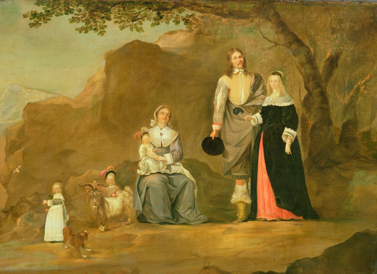 Familiengruppe mit Hund und Ziege in einer bergigen Landschaft von Gerard ter Borch