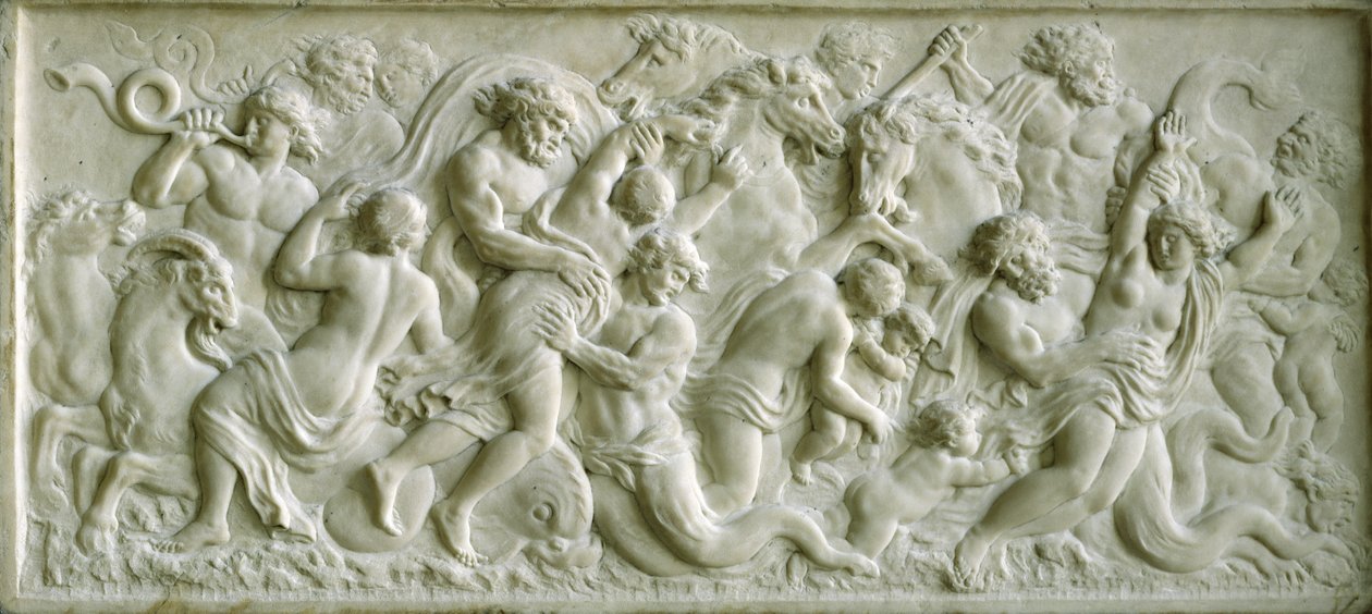 Relief, das Nereiden zeigt, die von Tritonen weggetragen werden von Gerard van Opstal