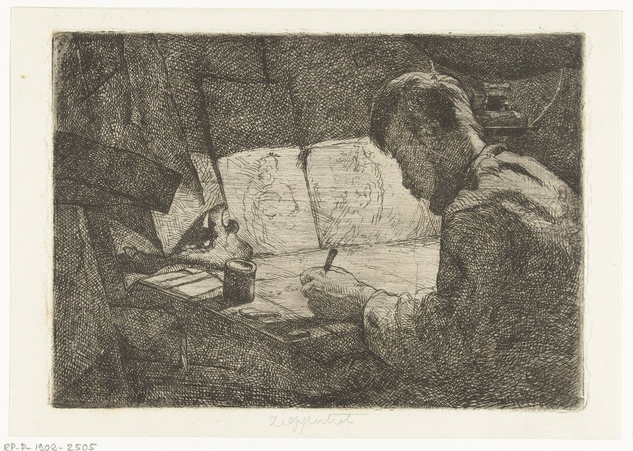 Selbstporträt am Zeichentisch von Gerard Jan Bos