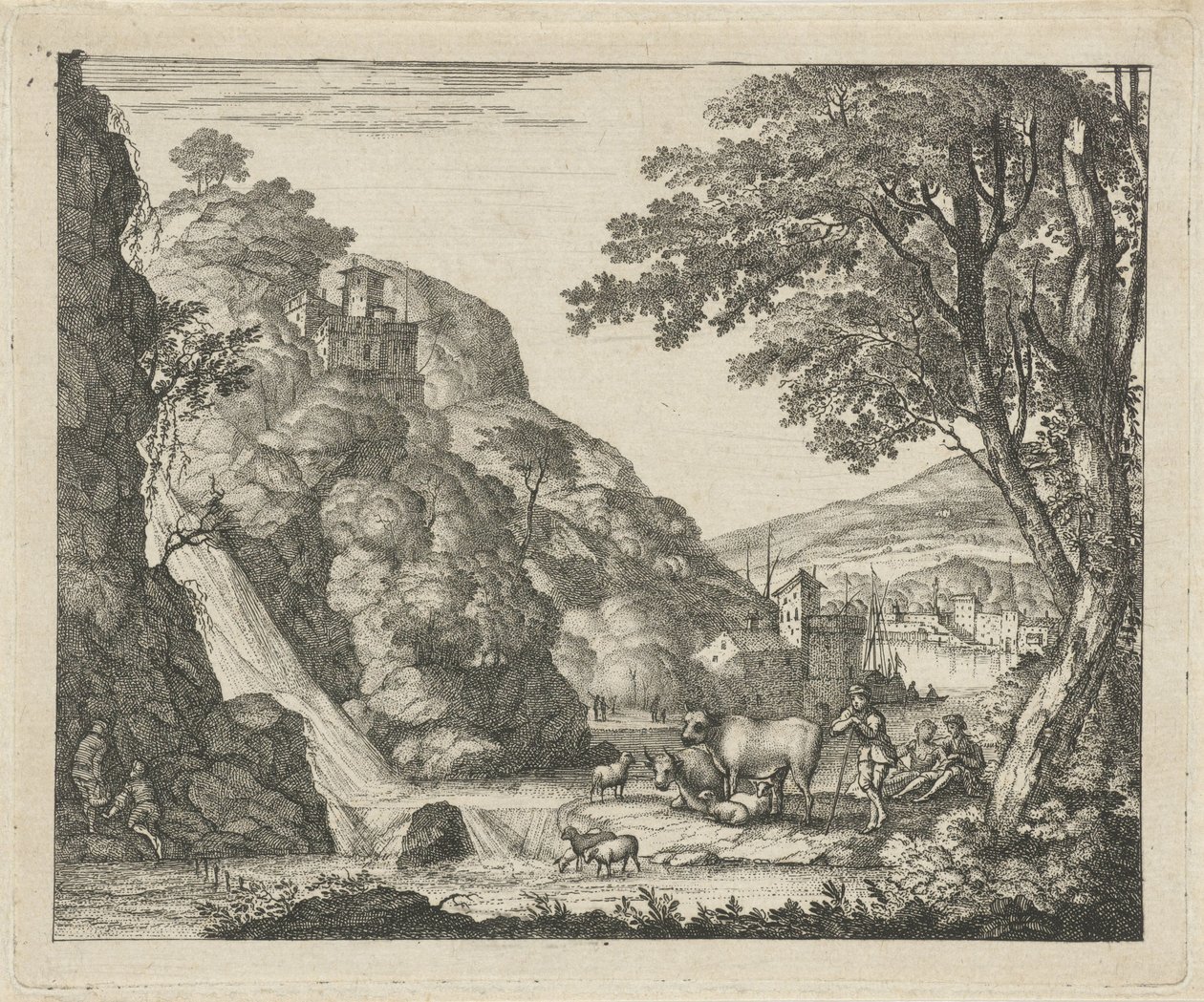 Hirte mit Tieren bei einem Wasserfall von Gerard Melder