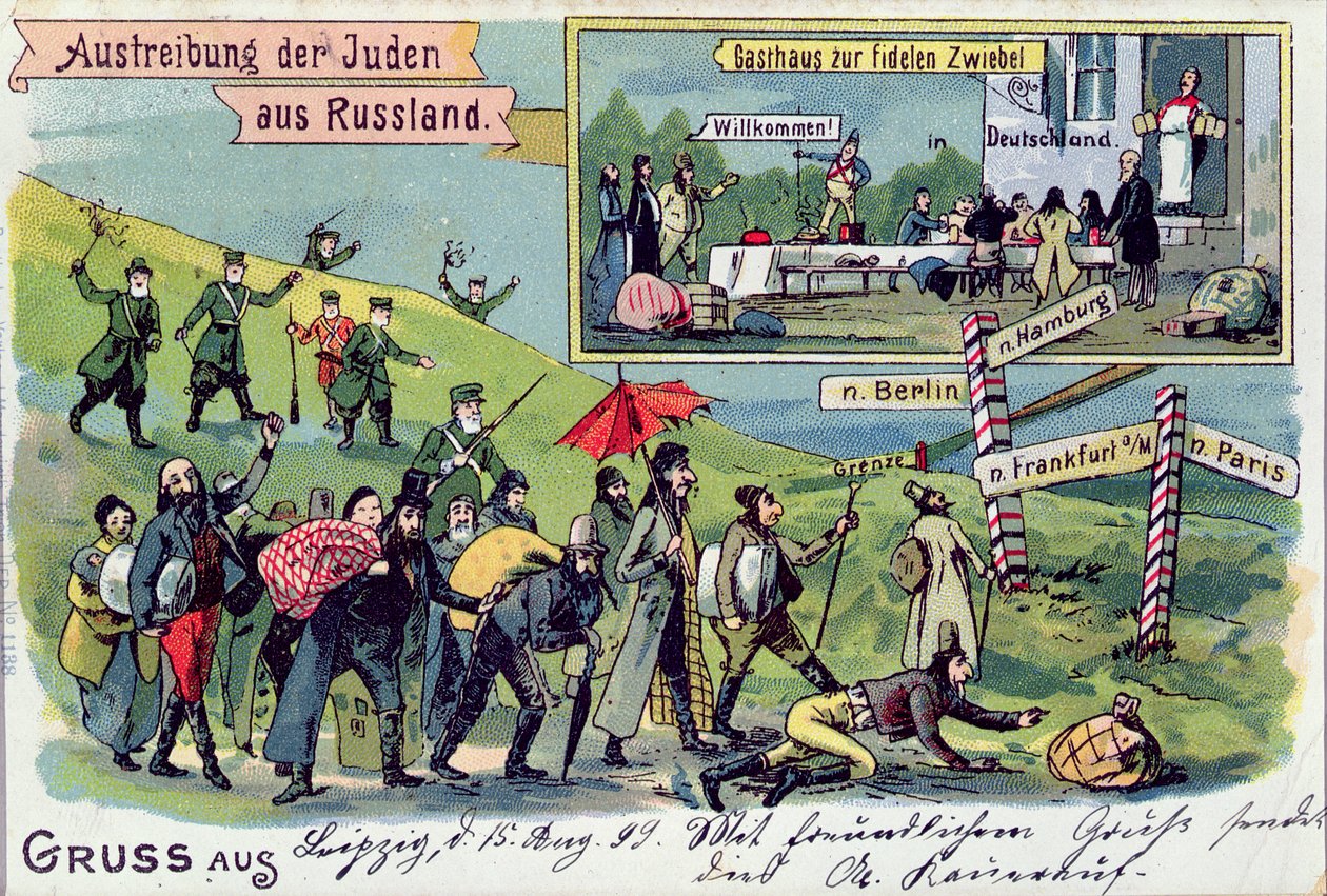 Postkarte, die die Vertreibung der Juden aus Russland und ihre Aufnahme in Deutschland darstellt, 1899 von German School