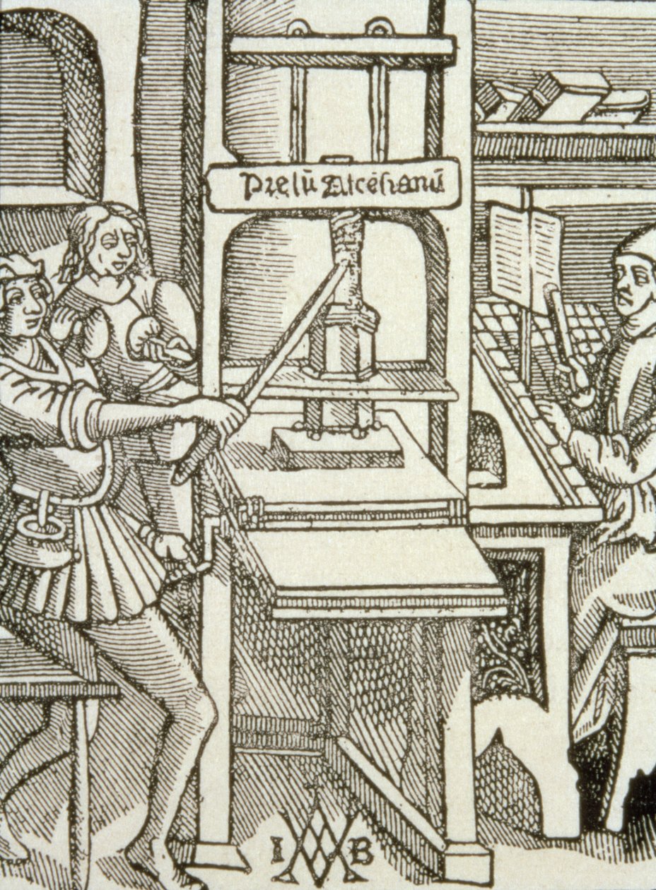 Druckerpresse von 1498, aus einem in diesem Jahr gedruckten Buch von German School