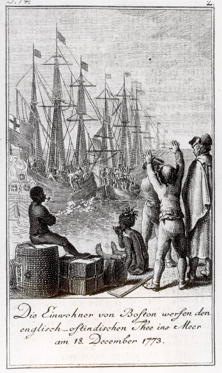 Die Einwohner von Boston werfen englisch-ostindischen Tee ins Meer, 18. Dezember 1773 von German School