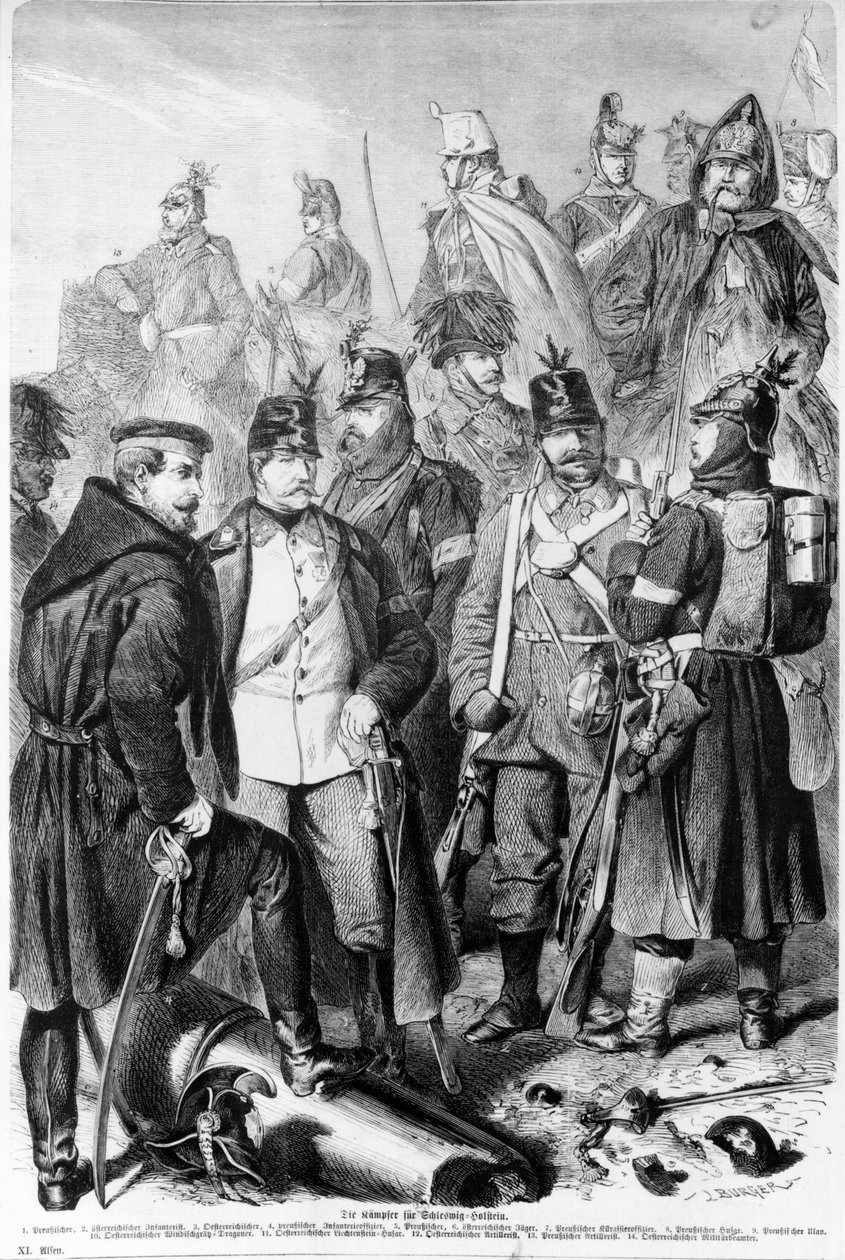 Krieg der Herzogtümer, österreichische und preußische Soldaten und Offiziere kämpfen um Schleswig-Holstein, 1864, veröffentlicht in Leipzig von German School