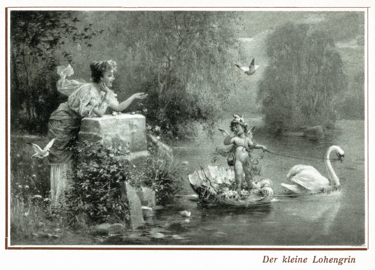 Postkarte, die Lohengrin mit dem Schwan darstellt von German School