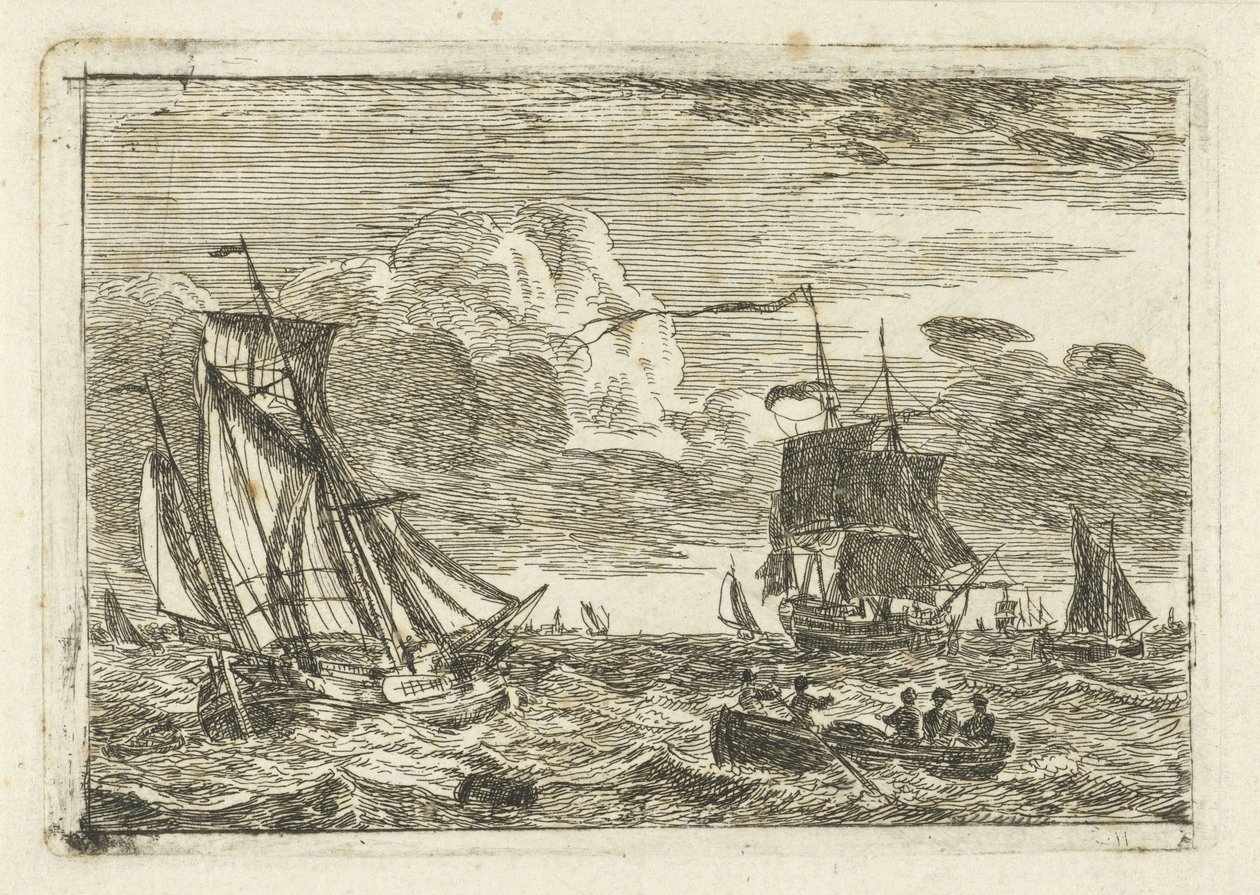 Verschiedene Segelschiffe und ein Beiboot auf See von Gerrit Groenewegen