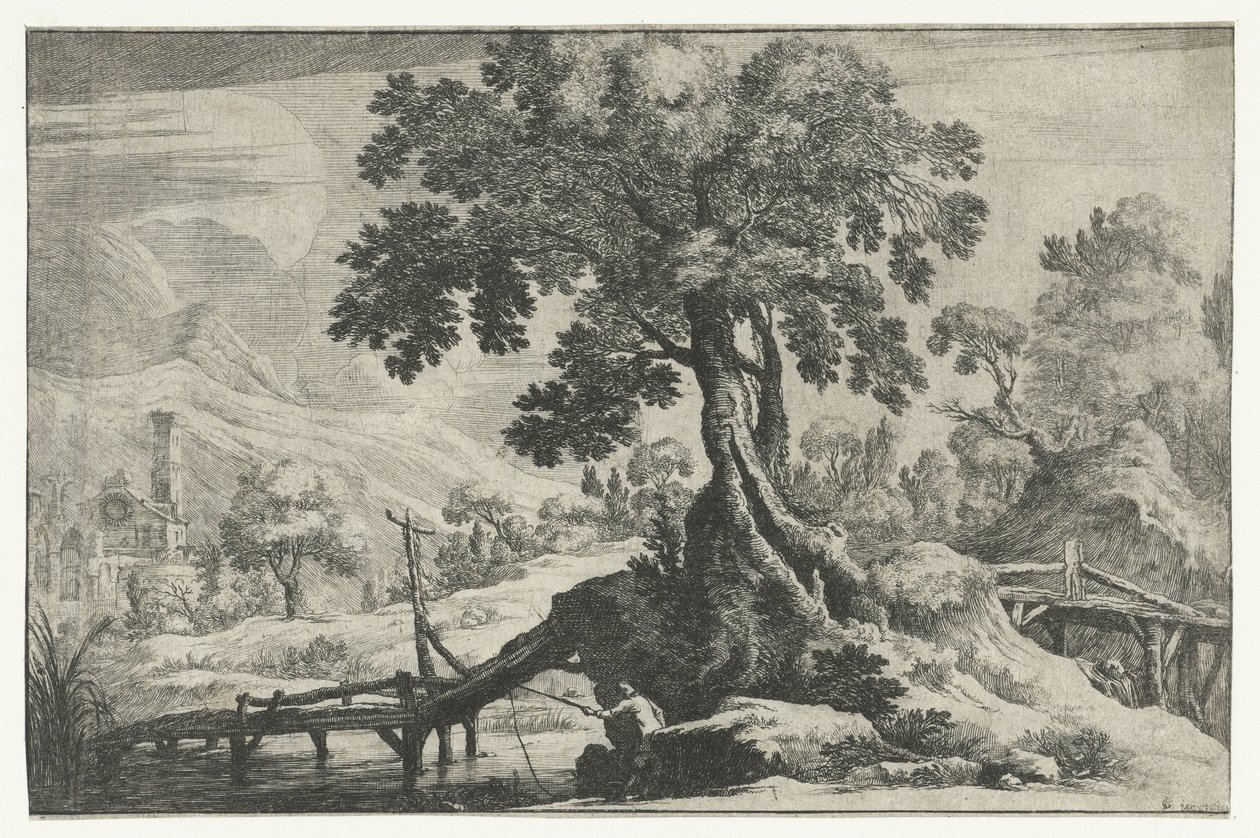 Flusslandschaft mit einem Angler auf einer Brücke von Gilles Neyts