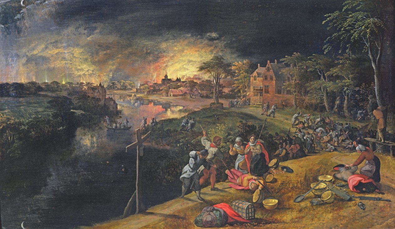 Szene eines Krieges mit einem Feuer, 1569 von Gillis Mostaert