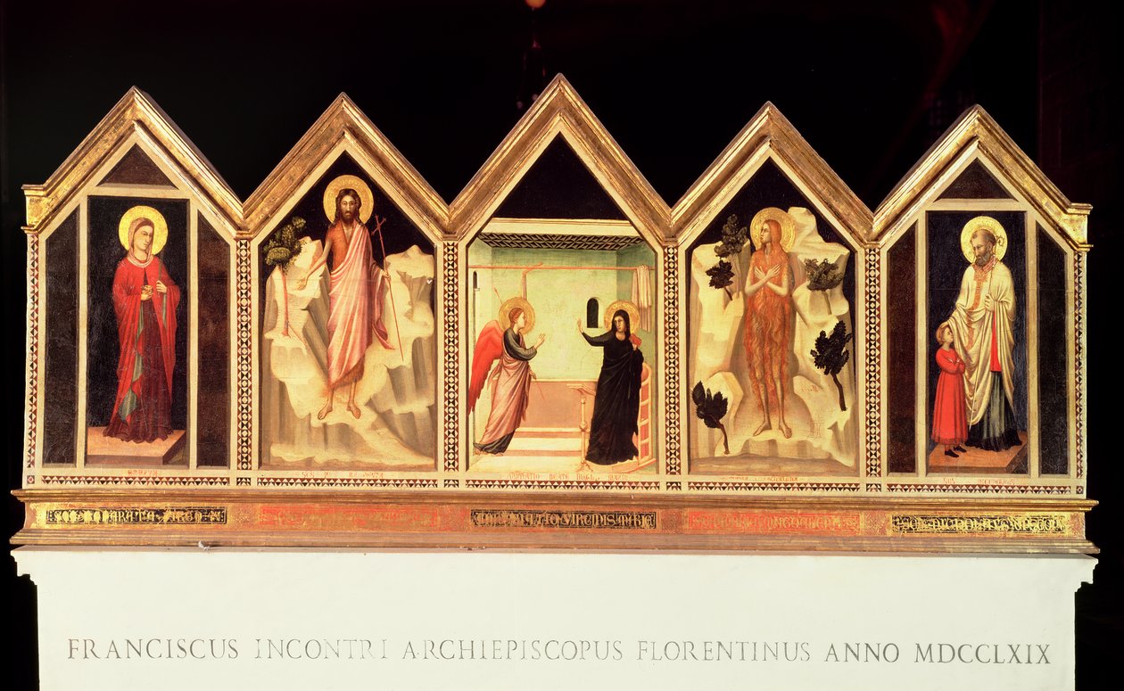 St. Reparata Polyptychon, L bis R: St. Reparata, St. Johannes der Täufer, Verkündigung, unbekannter Heiliger, St. Nikolaus (Rückseite) von Giotto di Bondone