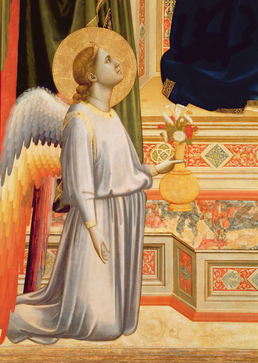 Die Madonna di Ognissanti Detail des knienden Engels mit Blumenvasen, ca. 1310 von Giotto di Bondone