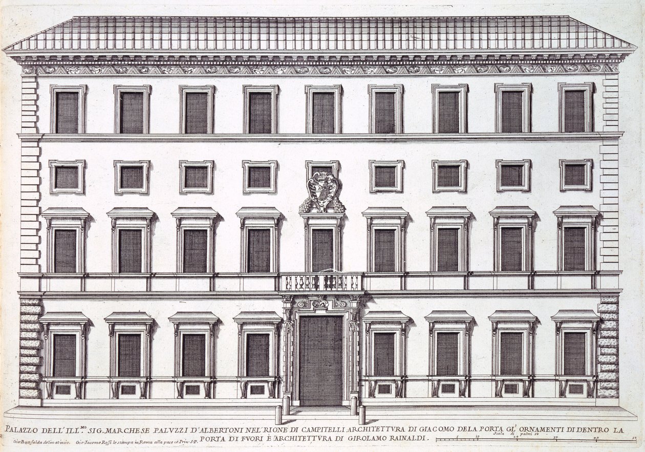 Ansicht der Fassade des Palazzo Marchese, Rom, entworfen von Giacomo della Porta und Girolamo Rainaldi von Giovanni Battista Falda