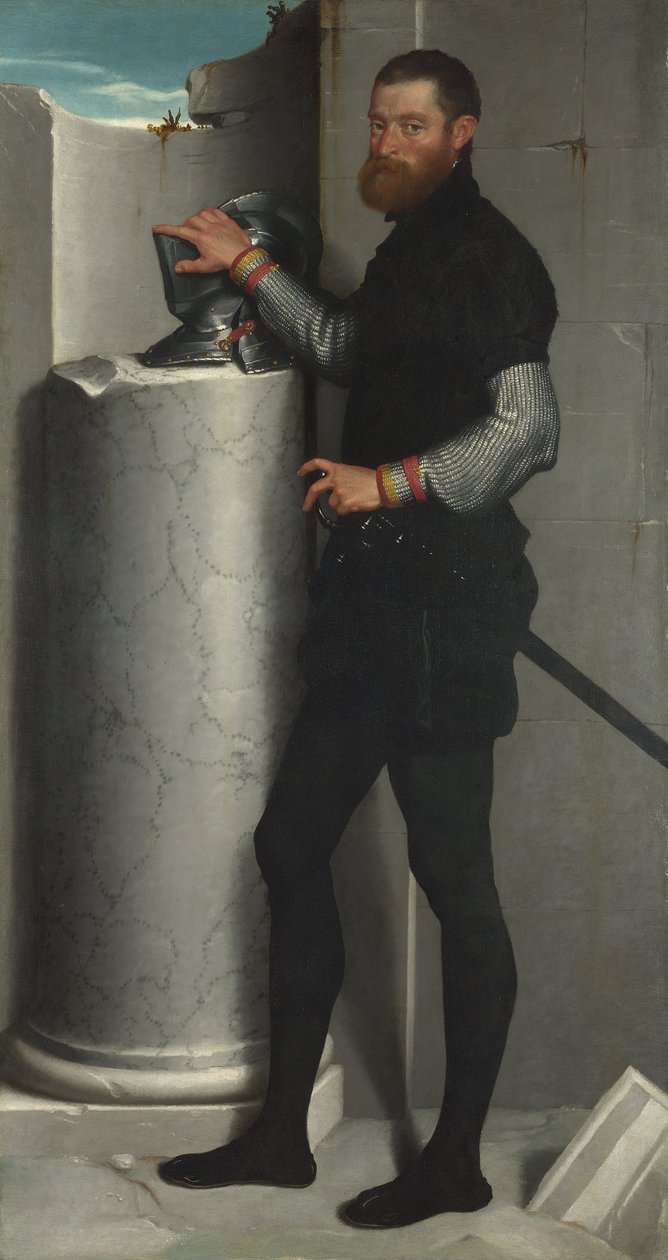 Porträt eines Gentlemans mit seinem Helm auf einer Säule von Giovanni Battista Moroni