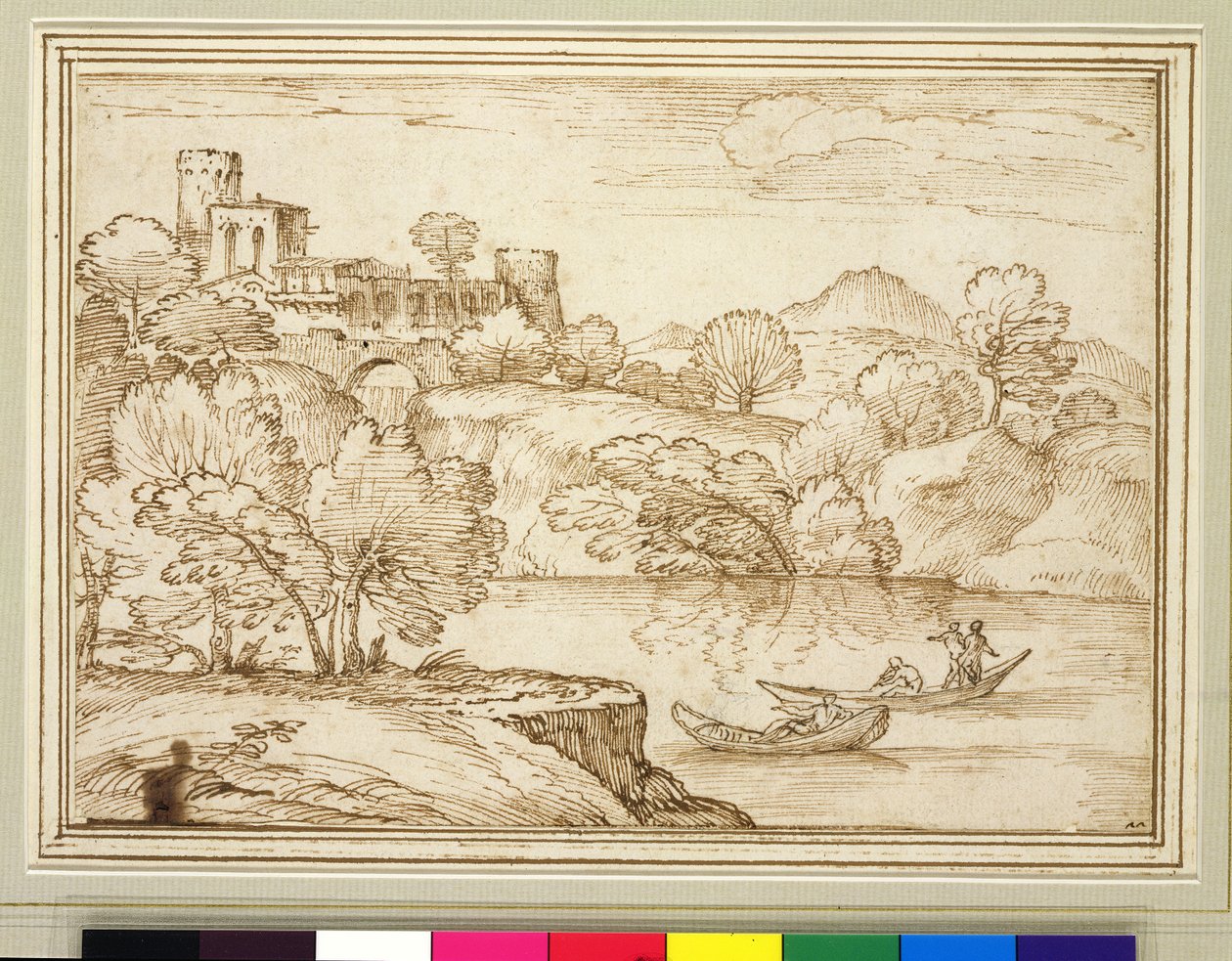 Klassische Landschaft mit Booten auf einem See unterhalb einer Burg von Giovanni F. Grimaldi
