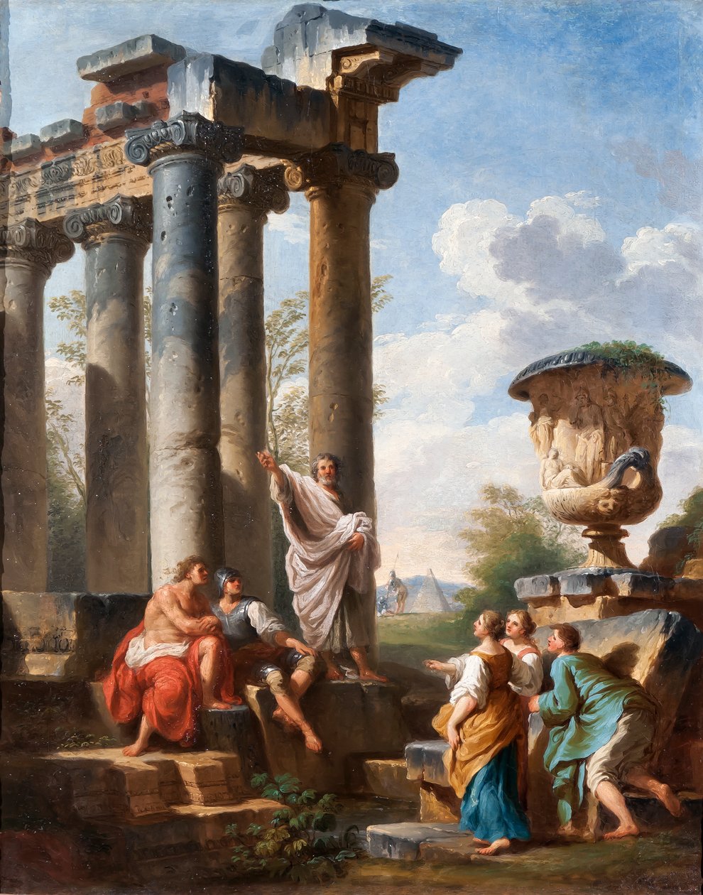 Capriccio mit der Predigt eines Heiligen, der Medici-Vase, einem zerstörten Tempel und der Pyramide von Cestius, ca. 1745 von Giovanni Paolo Pannini