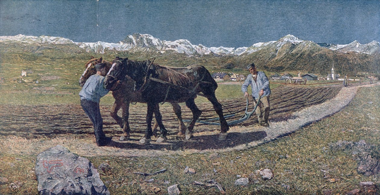 Bauern pflügen ein Feld im Norden Italiens, Illustration aus der Zeitschrift 