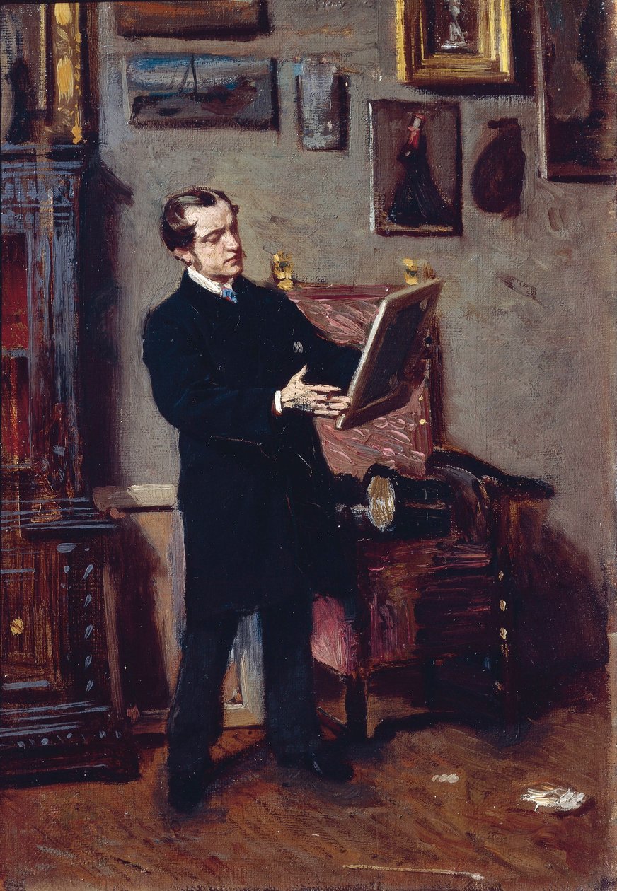 Italien, Florenz, Junger Mann betrachtet Gemälde von Giovanni Boldini