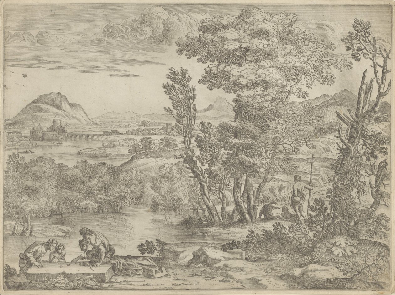 Landschaft mit vier Würfelspielern von Giovanni Francesco Grimaldi