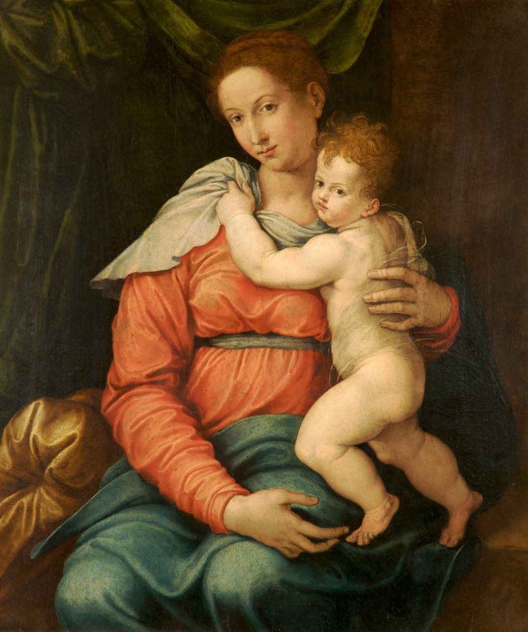 Jungfrau und Kind vor einem grünen Vorhang von Girolamo Siciolante da Sermoneta
