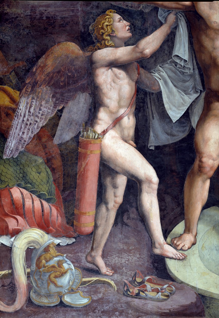 Mars und Venus beim Baden, Detail mit Amor, der Mars hilft von Giulio Romano