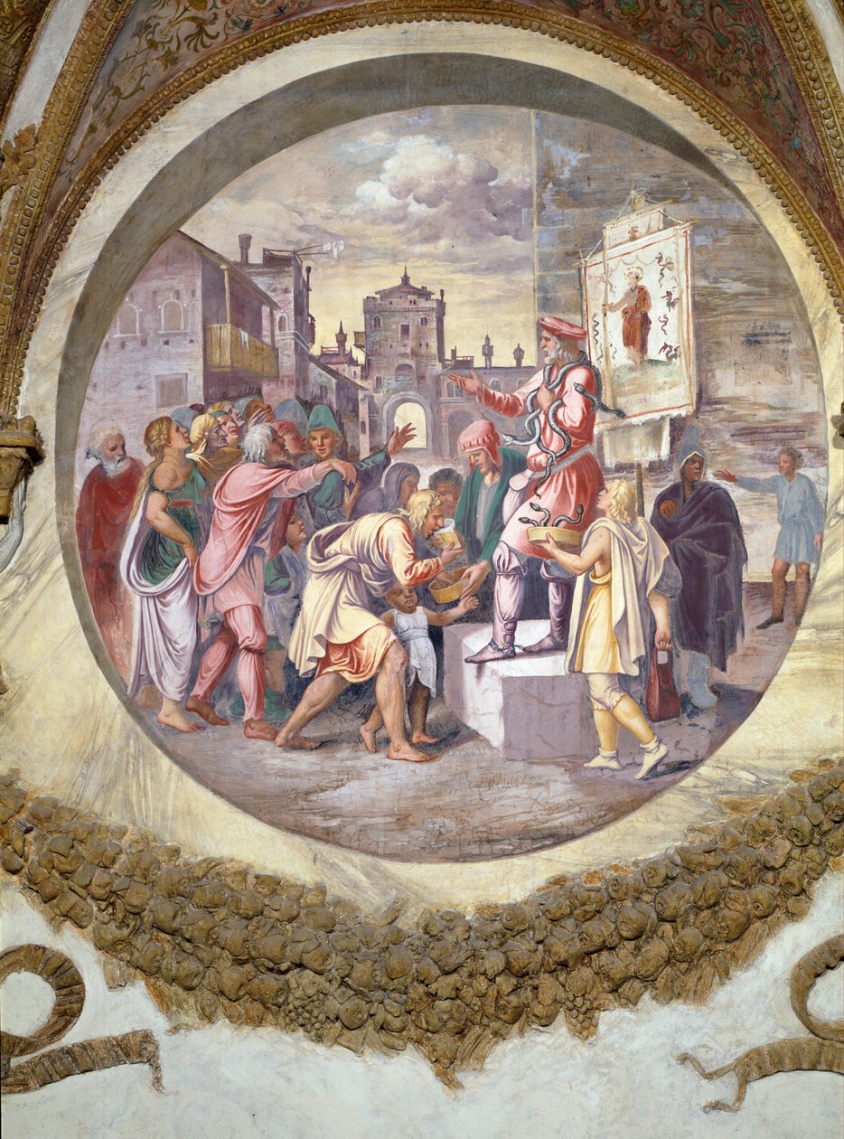 Szene, die zeigt, dass diejenigen, die unter dem Zeichen des Steinbocks in Verbindung mit dem Sternbild des Schlangenträgers oder Ophiucus geboren sind, Schlangenbeschwörer sein werden, symbolisiert durch einen Verkäufer von Theriak, einem Gegengift von Giulio Romano