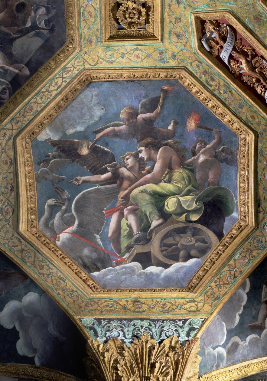 Venus und Amor in einem von Schwänen gezogenen Wagen, Deckenfeld aus der Sala di Amore e Psiche, 1528 von Giulio Romano