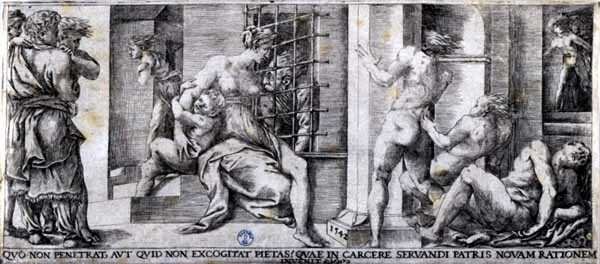 Römische Wohltätigkeit (Stich) von Giulio Bonasone