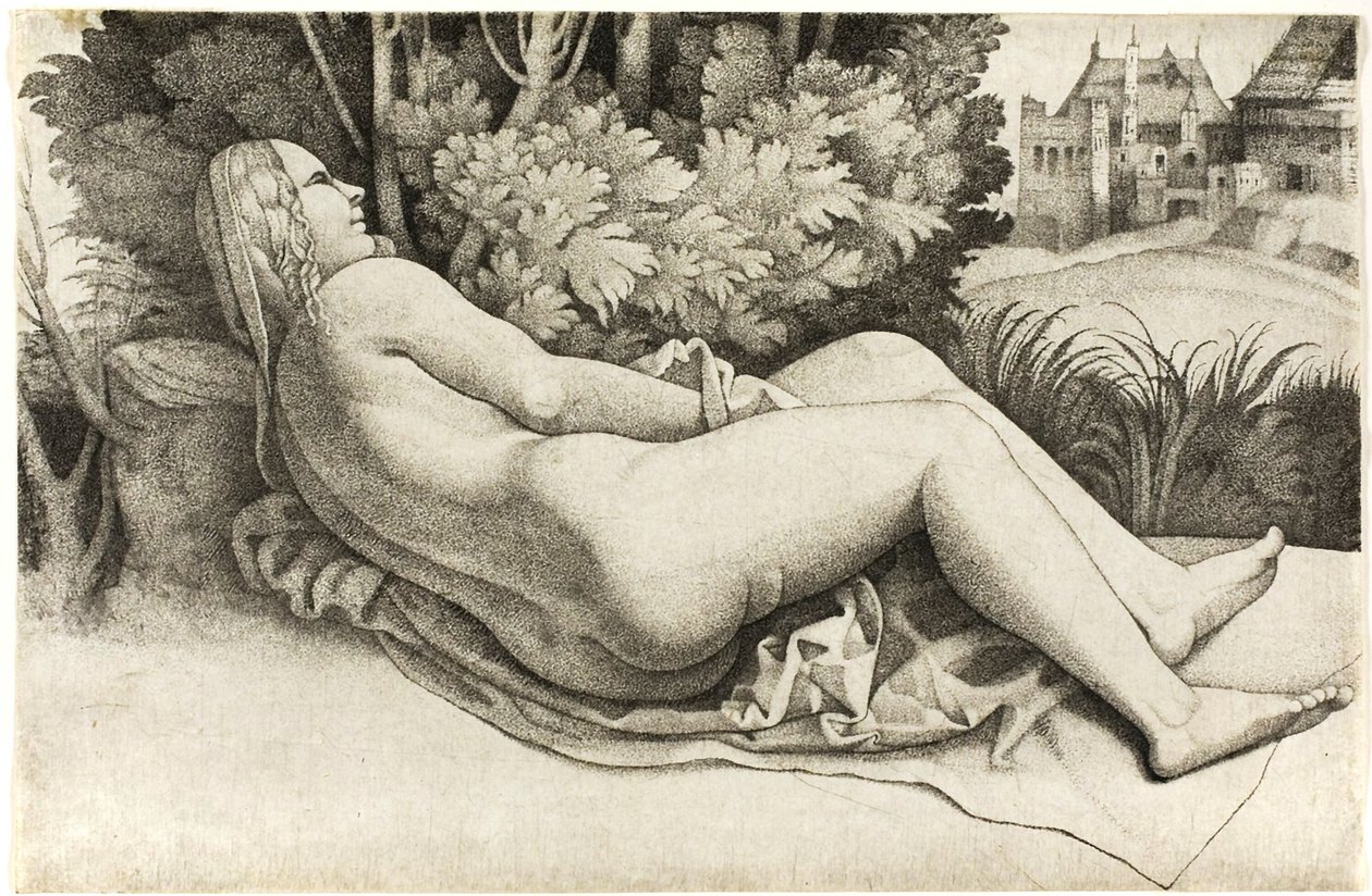 Frau, die in einer Landschaft liegt von Giulio Campagnola