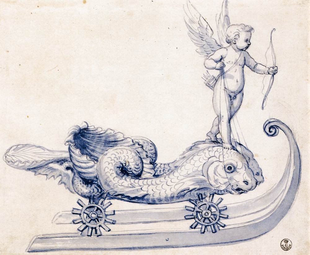 Skizze für einen Schlitten mit Figuren von Giuseppe Arcimboldo