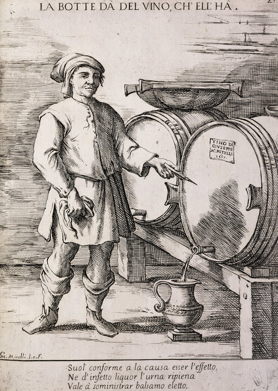 Fass gibt Wein, den es enthält, Sprichwort von Giuseppe Maria Mitelli