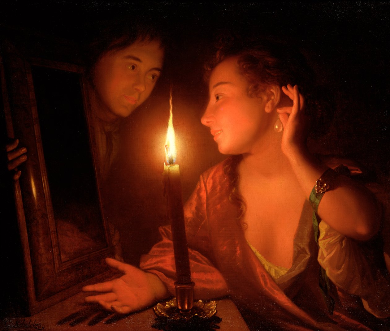 Eine Dame bewundert einen Ohrring bei Kerzenlicht von Godfried Schalcken