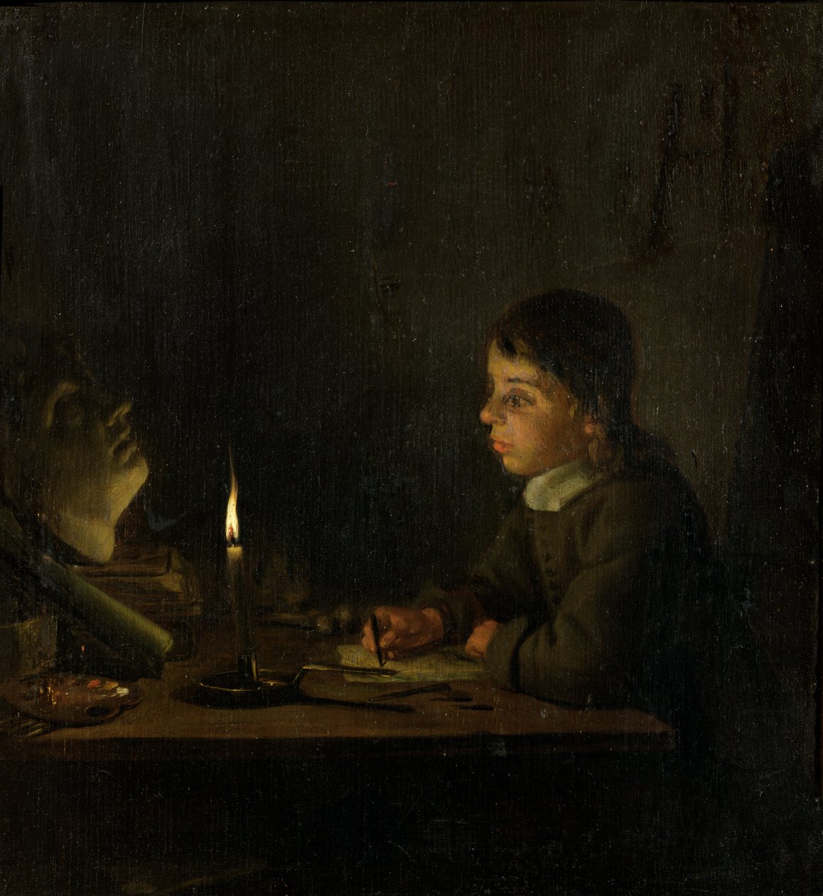 Junge beim Zeichnen bei Kerzenlicht von Godfried Schalcken