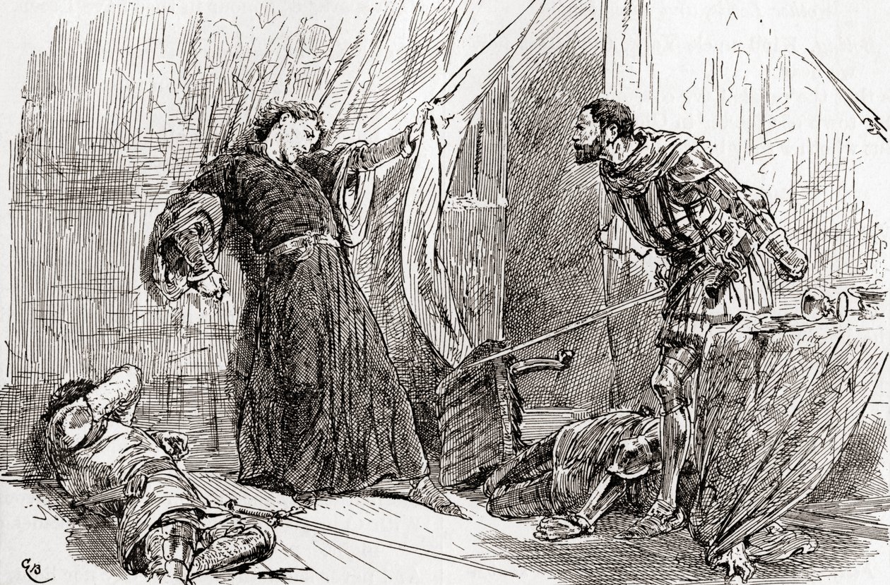Szene aus William Shakespeares König Richard II., Akt V, Szene 5, König Richard: Exton, deine wilde Hand hat mit dem Blut des Königs das Land des Königs befleckt, aus Die Werke von William Shakespeare, veröffentlicht 1896 von Gordon Frederick Browne