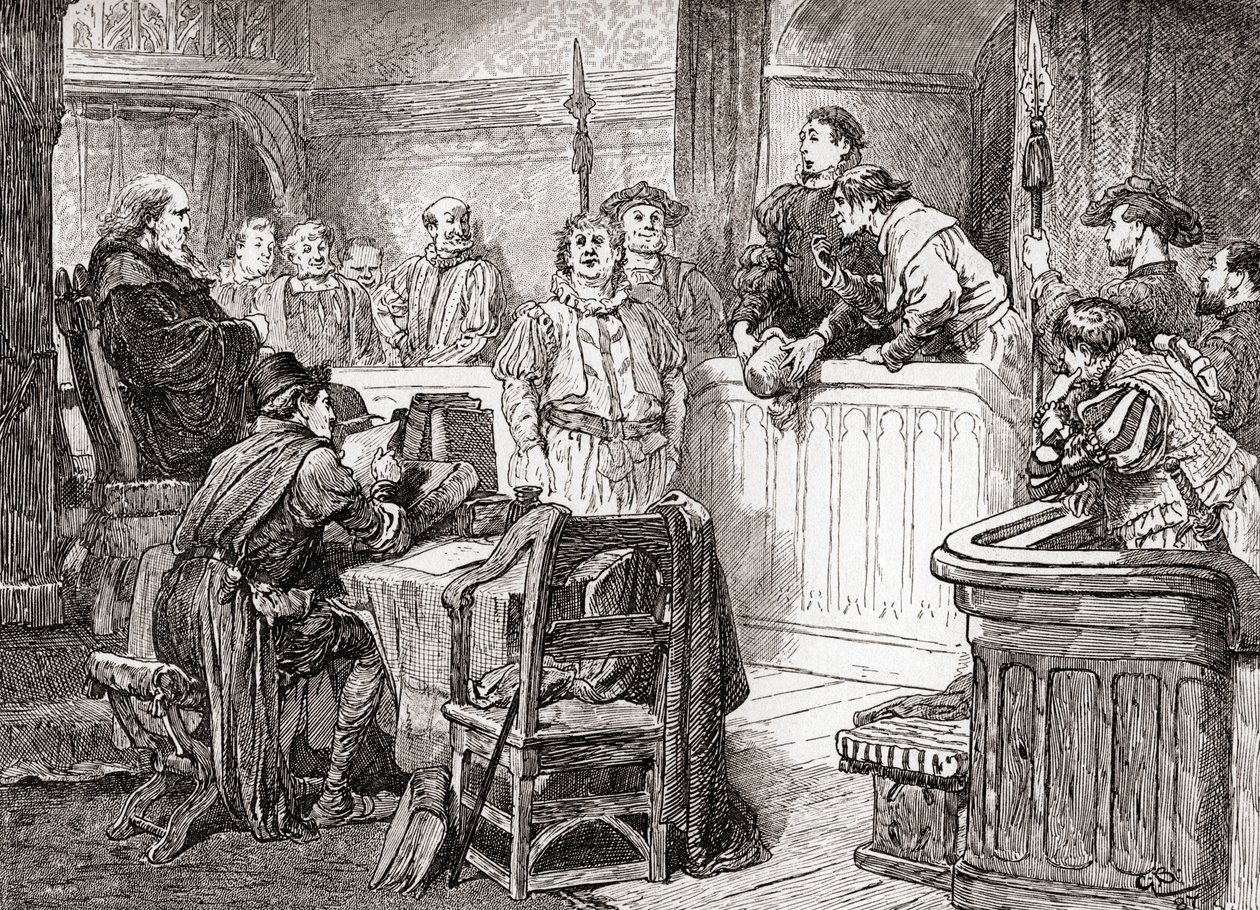 Szene aus William Shakespeares Stück Maß für Maß, Akt II, Szene 1, Pompey Bum: Sieht eure Ehre irgendeinen Schaden in seinem Gesicht?, aus Die Werke von William Shakespeare, veröffentlicht 1896 von Gordon Frederick Browne