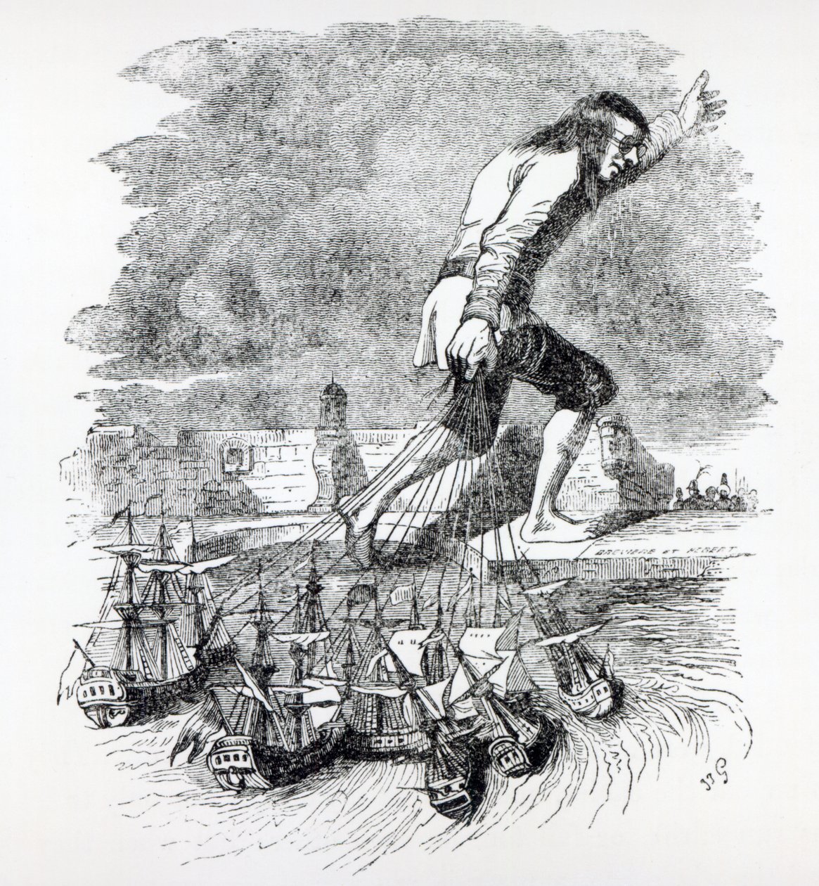 Gulliver stiehlt die Blefuscudian-Flotte, Illustration aus 
