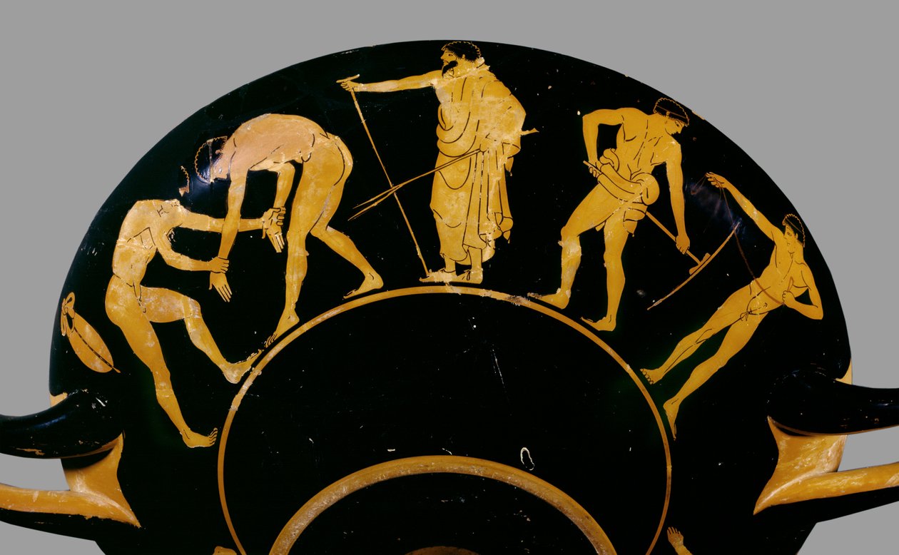 Attische rotfigurige Schale; Darstellung eines Trainers mit Ringern und anderen Athleten, 480 v. Chr. (Keramik) von Greek