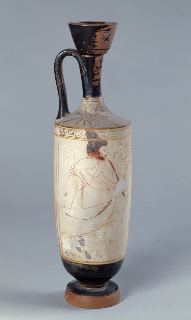 Attische weißgrundige Lekythos, die Charon, den Fährmann der Unterwelt, darstellt, wie er die Seele eines Verstorbenen empfängt, ca. 420 v. Chr. von Greek