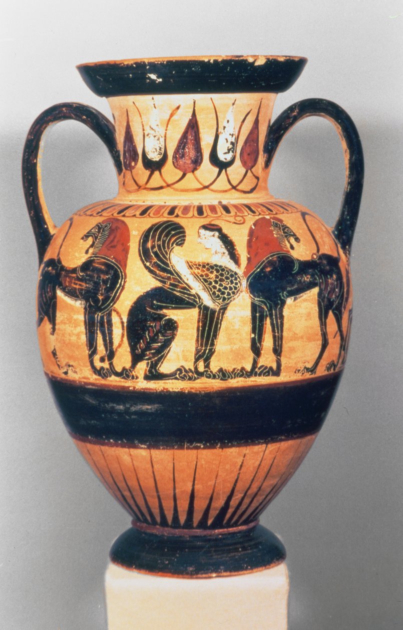 Chalkidische schwarzfigurige Amphore, die eine Sphinx flankiert von zwei Löwen darstellt, vom Polyphemus-Maler, 540-30 v. Chr. von Greek