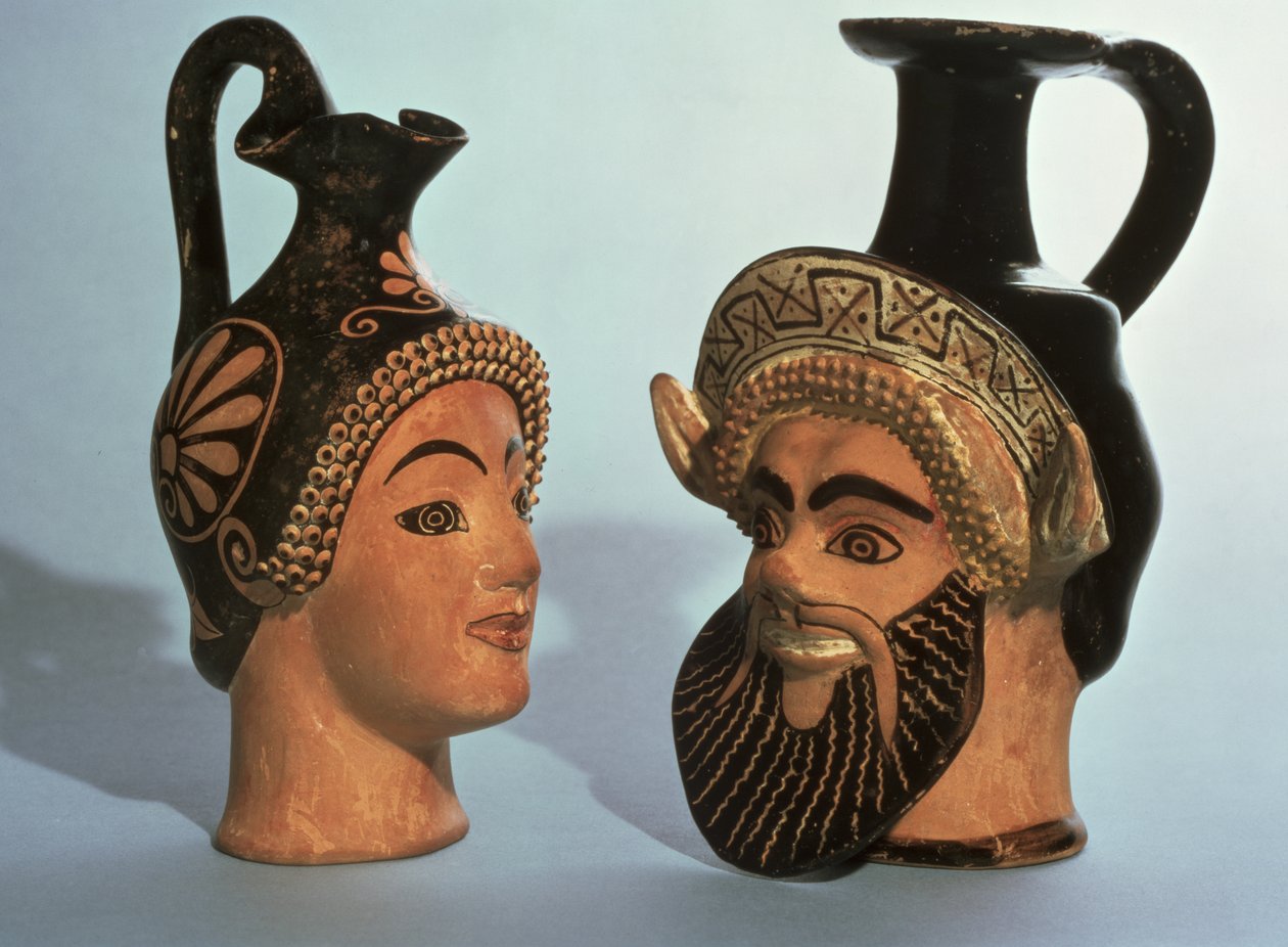 Oinochoe-Kopfvase, wahrscheinlich aus Athen, L bis R Maenad, Class E Namensvase der Oxford Class und Satyr, Class P der Chairete Class, ca. 500-450 v. Chr. (polychrome Keramik) von Greek