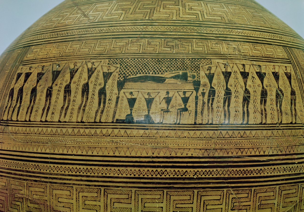 Die Dipylon-Amphora, Graburne im geometrischen Stil aus der Kerameikos-Nekropole, Detail der Beerdigungsszene, Athen, ca. 750 v. Chr. von Greek